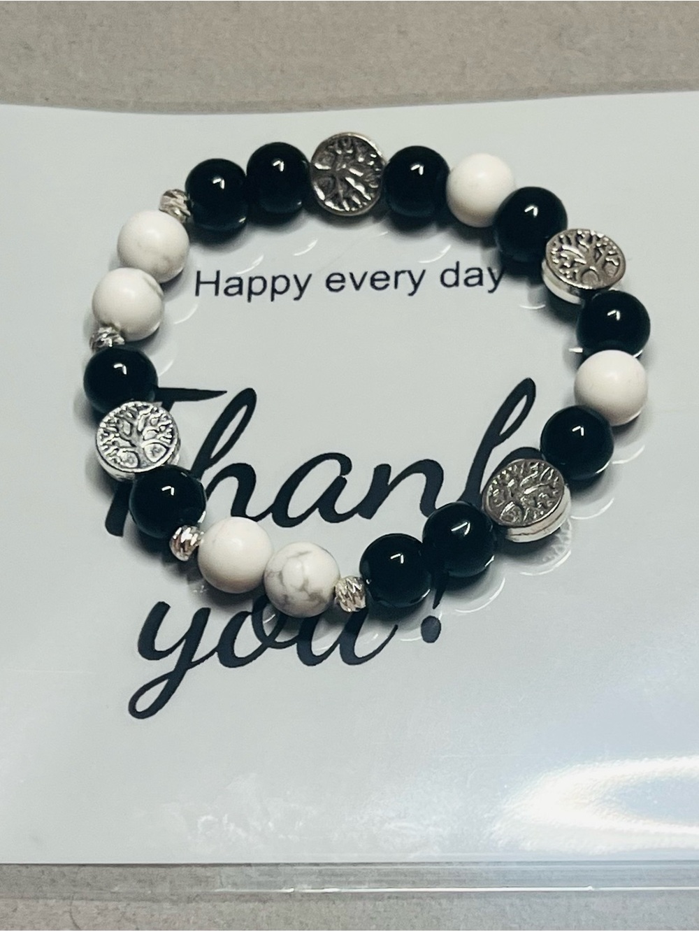 Black & White Beaded Bracelet with Tree of Life Accent